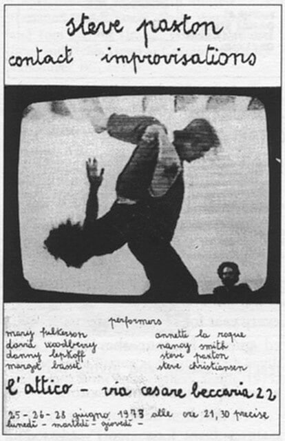 Афиша июня 1973 года: перформанс контактной импровизации в Риме, Италия, в галерее L’Attico (видео выступлений Курта Сиддалла (справа) и Леона Фелдера в июне 1972 г. в John Weber Gallery).