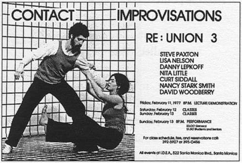 Плакат Reunion 1977 г., Санта-Моника, Калифорния (изображение: выступление Стива Пэкстона и Нэнси Старк Смит в галерее, Сиэтл, 1975 г.)